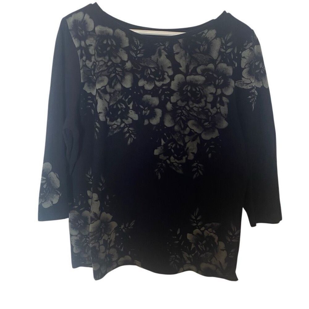 Talbots 3/4 sleeve floral crew neck XL black and gray